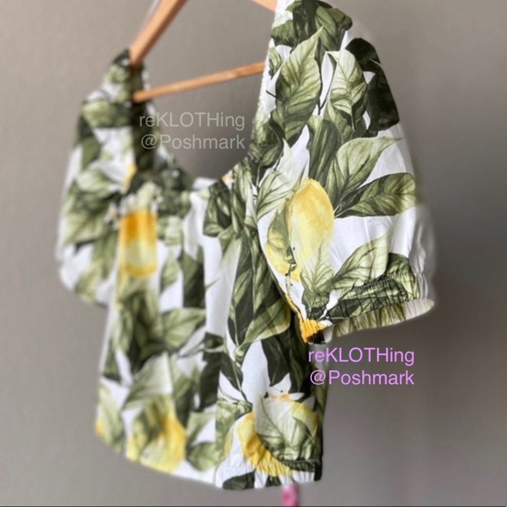 ❤️ H&M Puff-sleeved Lemon-print Cotton Crop-top - Picture 3 of 7